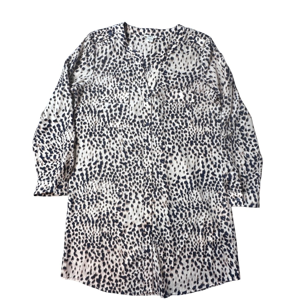 Bar III Tunic Women Medium Tan Leopard Print Button Up Roll Tab Long Sleeve
